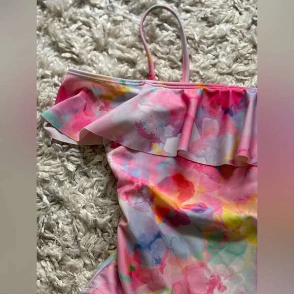 Cat & Jack Girls Swimsuit One-piece Size 8 watercolor Colorful Ruffled - Picture 2 of 8